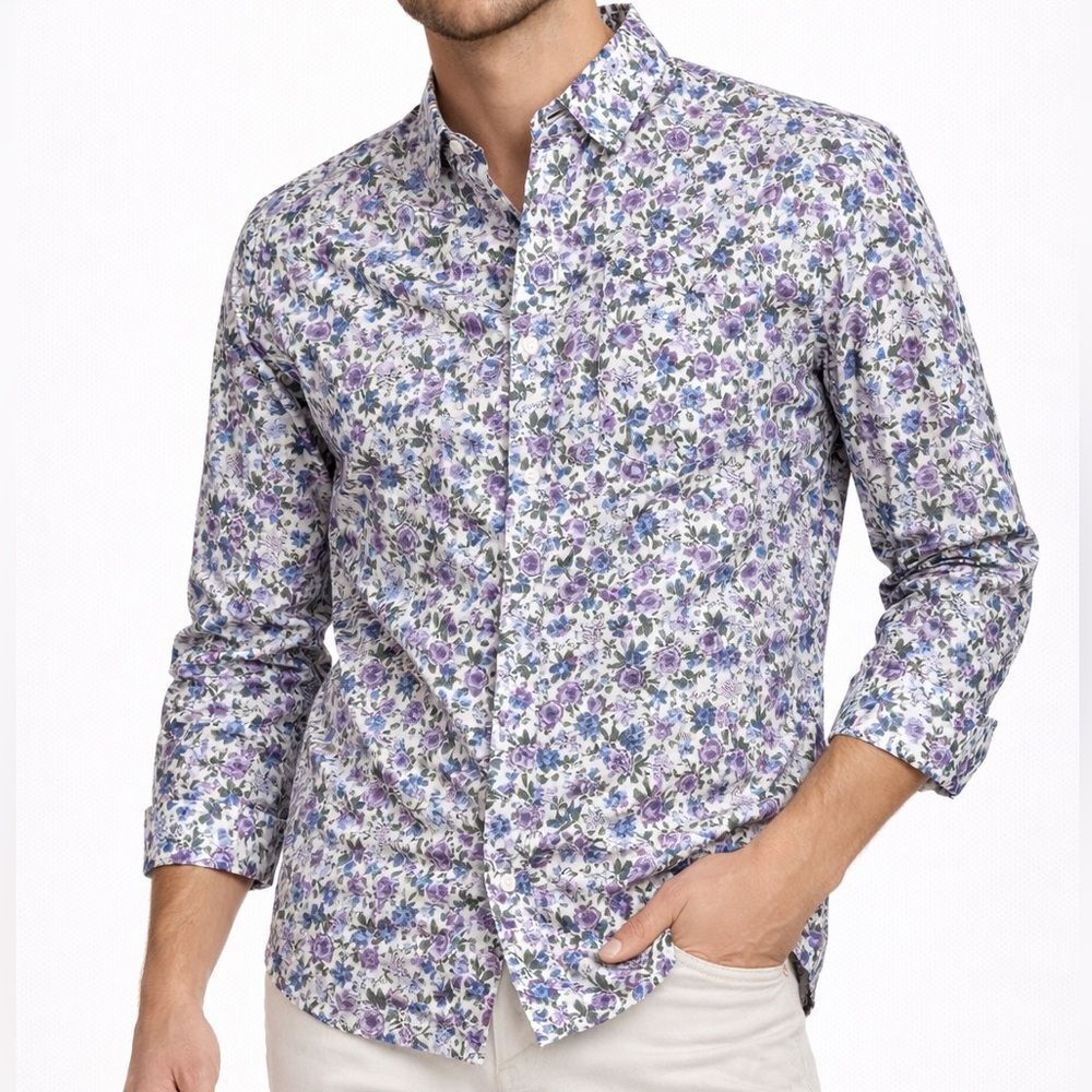 Express Slim Soft Wash Floral Shirt Jacket in Purple and White